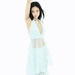 a woman is wearing a white dress with a plunging neckline