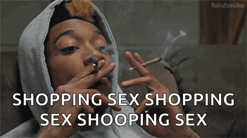 a man in a hoodie is smoking a cigarette with the words shopping sex shopping sex shooping sex below him