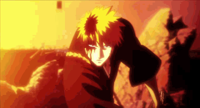 a cartoon character with yellow hair is standing in a dark area