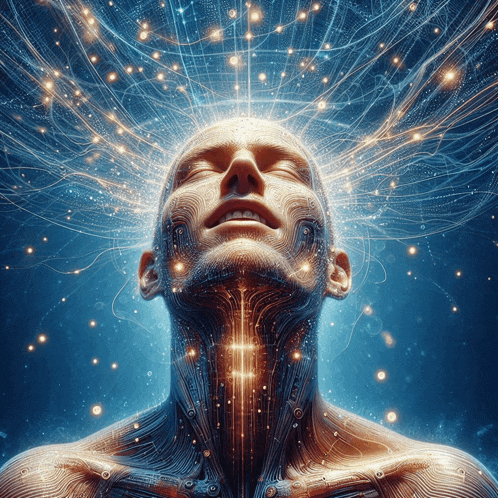 a computer generated image of a man 's face with glowing lines coming out of it