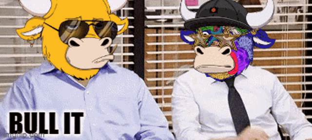 two bulls wearing sunglasses and hats are sitting next to each other and the word bullit is on the bottom