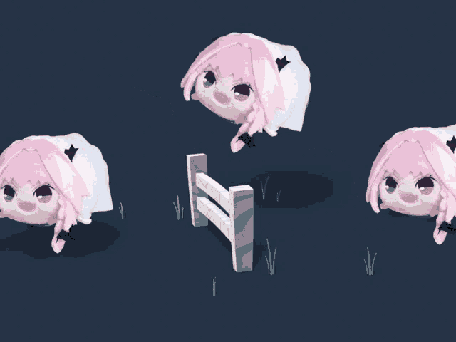 a cartoon of a girl with pink hair jumping over a white fence