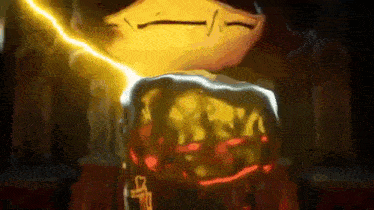 a close up of a cartoon character with a lightning bolt coming out of it .