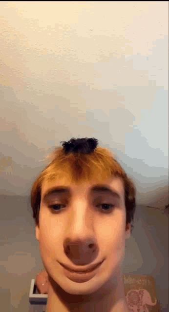a young man with a big nose and a bun on his head is smiling .