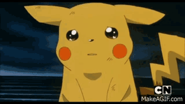 a pikachu from cartoon network is crying and looking sad