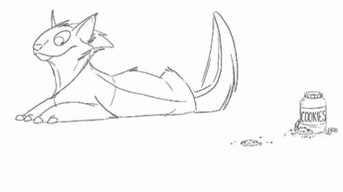 a black and white drawing of a cat laying down next to a jar of cookies .