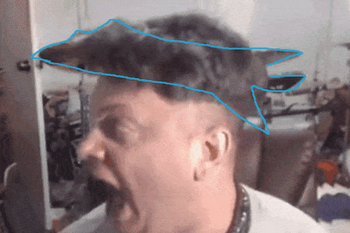 a man with a blue line drawn on his hair