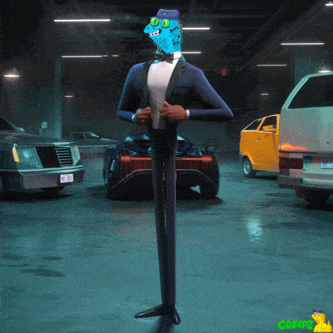 a cartoon character in a tuxedo with a car in the background has a license plate that says jc 88