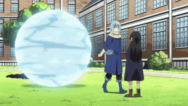 two anime characters are standing in front of a large ball