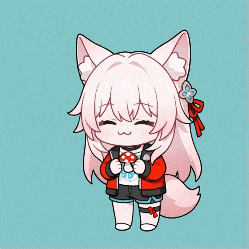 a drawing of a fox girl with a mushroom shirt on