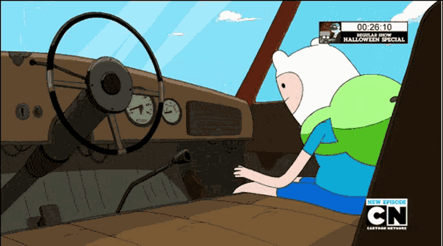 a cartoon character sitting in a car with a cn logo on the bottom right