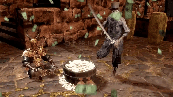 a man in a top hat stands in front of a pile of money that says the prule on the bottom