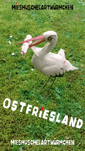 a picture of a stork holding a baby in its beak with ostfriesland written on the bottom