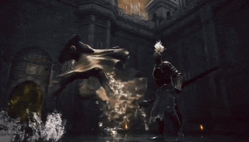 a man in a knight 's armor is standing in a dark room
