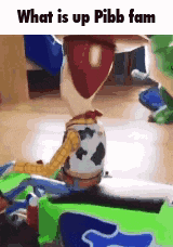 a picture of woody from toy story sitting on a table with the words `` what is up pibb fam '' written on it .