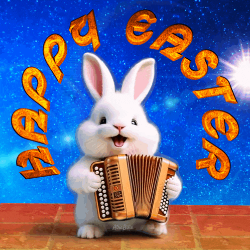 a white rabbit playing an accordion with the words happy easter behind him