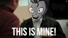 a man is talking to a cartoon character that says " this is mine "