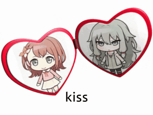 a heart shaped mirror with a picture of a girl and the word kiss on it
