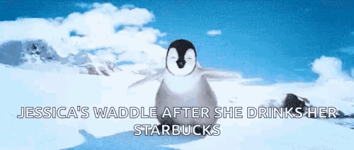 a penguin with the words jessica 's waddle after she drinks her starbucks on the bottom