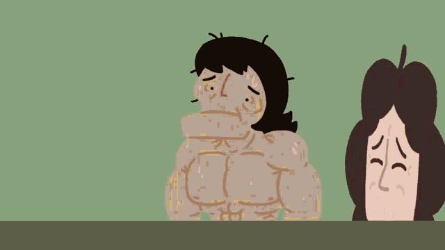a cartoon of a man without a shirt and a woman waving