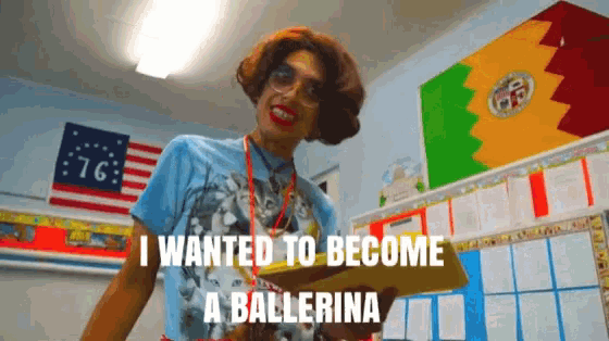 a woman holding a clipboard with the words " i wanted to become a ballerina " on the bottom