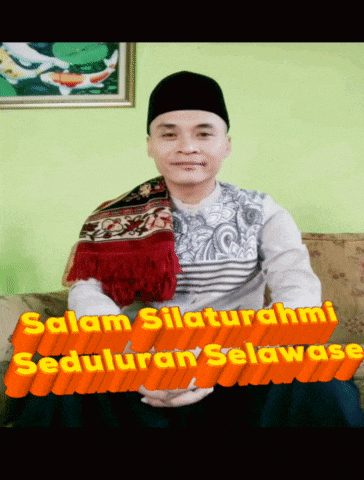 a man is sitting on a couch with the words " salam silaturrahimi seduluran selawase " behind him