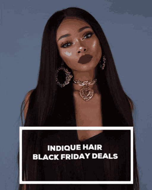 a picture of a woman with the words indicque hair black friday deals below it