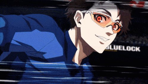 a cartoon character wearing glasses and a blue shirt with the word bluelock in the background