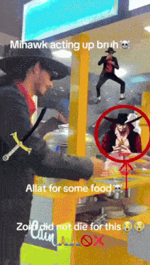 a man in a cowboy hat is standing in front of a sign that says " allat for some food "