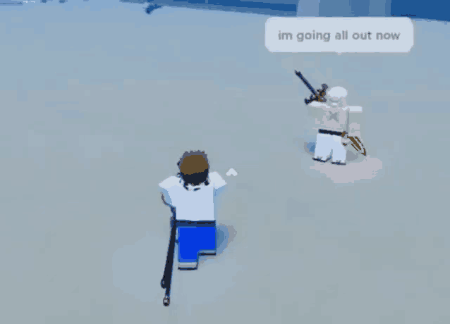 a man with a cane is standing in front of a roblox character holding a sword .