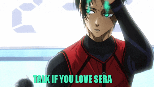 a man with green eyes holds his hand to his forehead with the words talk if you love sera below him