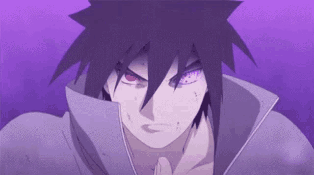 a close up of a person 's face with red eyes and purple hair .