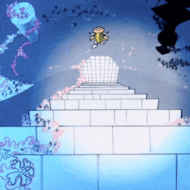 a cartoon character is flying through the air in front of a staircase