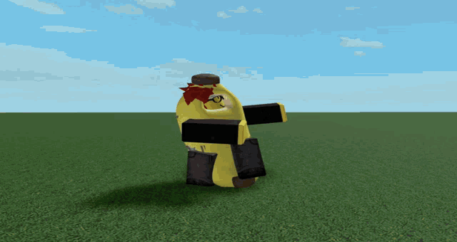 a yellow cartoon character with a red headband and black pants is standing in a field