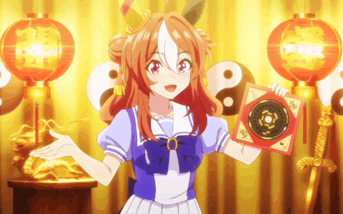 a girl in a sailor outfit holds a red compass