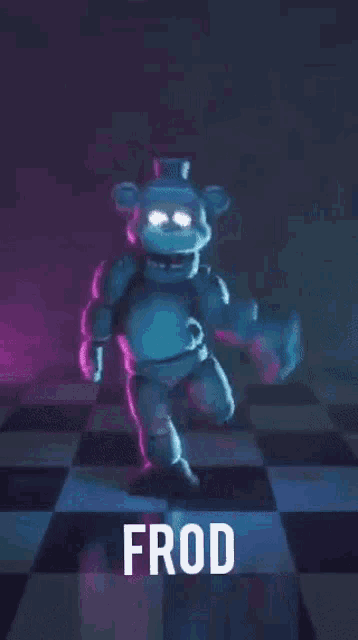 freddy the bear is dancing on a checkered floor with the word frod written on the bottom