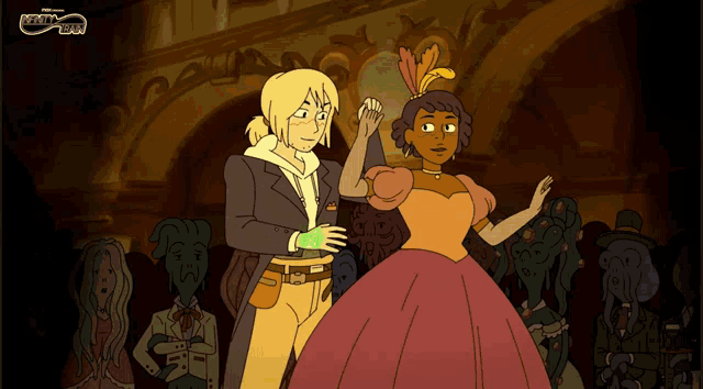 a cartoon shows a man and a woman dancing in front of a crowd with the word cartoon on the bottom right