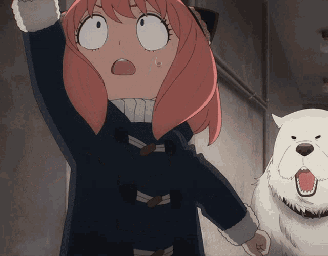 a girl with pink hair is standing next to a dog with its mouth open