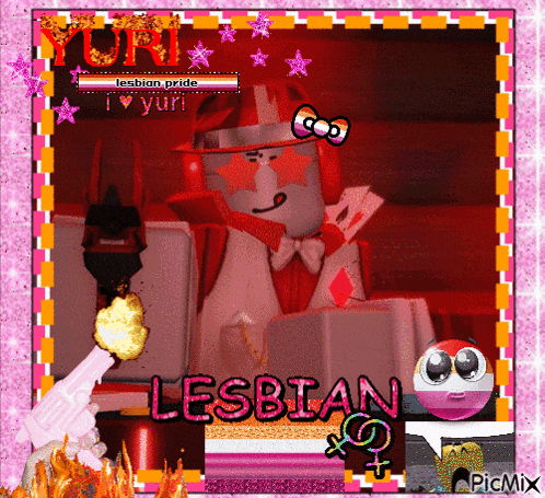 a picture of a cartoon character with the word lesbian written on it