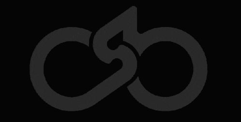 a black and white bicycle logo on a black background
