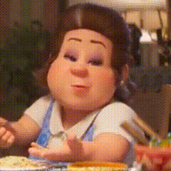 a cartoon character is sitting at a table eating food .