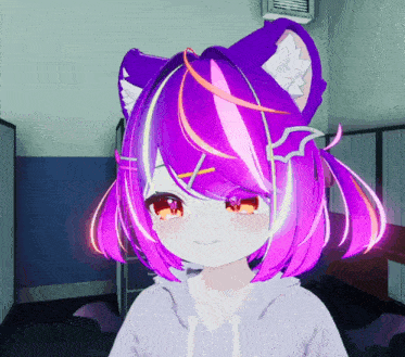 a girl with purple hair and a cat ear is smiling