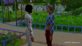 two people are standing next to each other in a video game and one of them is wearing a mask .