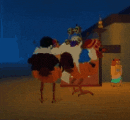 a group of cartoon characters are standing on a sandy beach in front of a building .