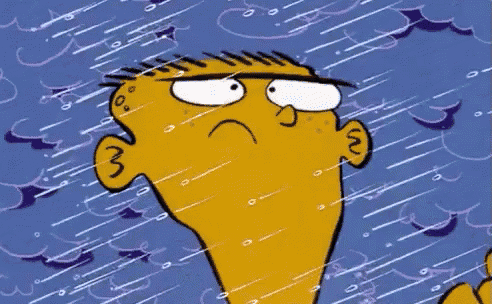 a cartoon character is standing in the rain with a sad face .