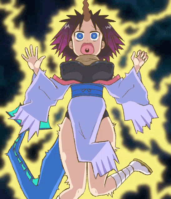 a cartoon drawing of a girl with purple hair and a blue tail