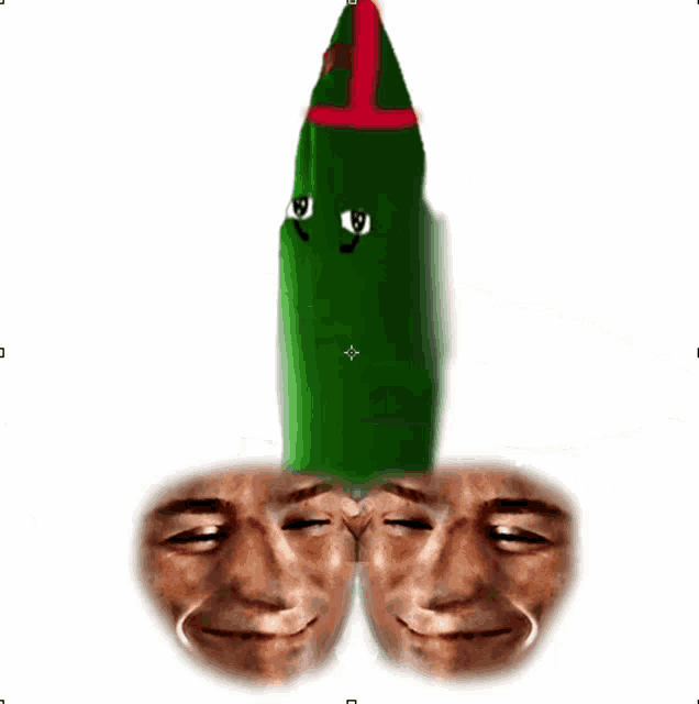 a green pencil with two faces on it and a red stripe