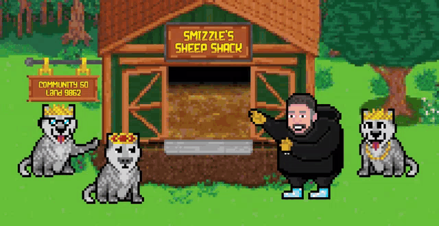 a pixel art illustration of a man standing in front of a sheep shack with two huskies
