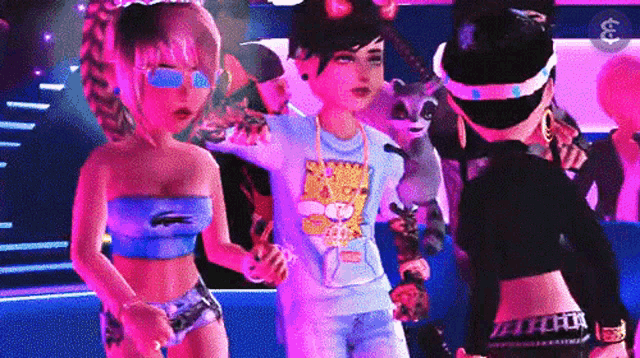 a group of cartoon characters are dancing on a stage and one of them is wearing a simpson shirt
