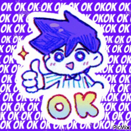 a cartoon character with blue hair is giving a thumbs up with the words ok surrounding him
